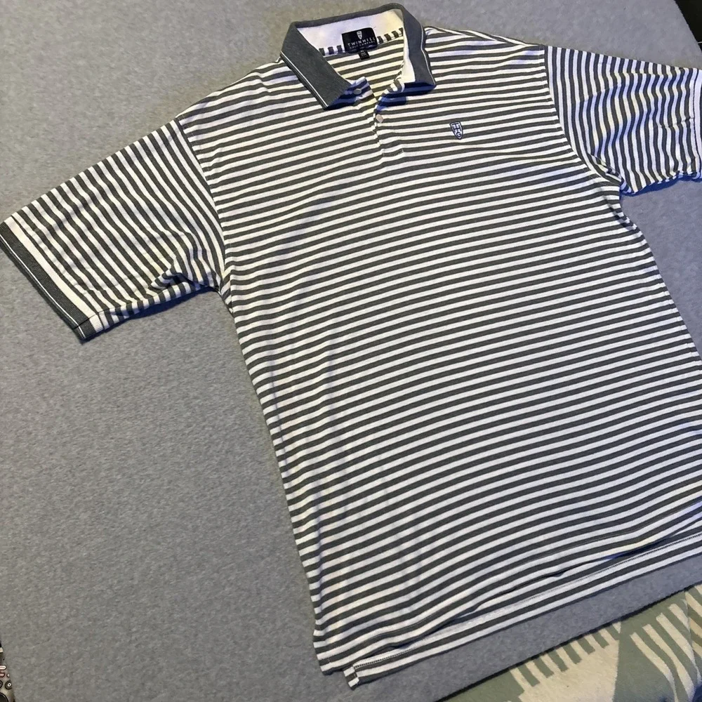 TWINHILL Golf Company Men's XL Gray White Striped Polo‎ Very Good Cond.